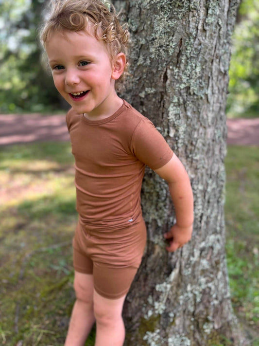 Kids Shorts+T-shirt Pj set - Acorn - Solid Brown