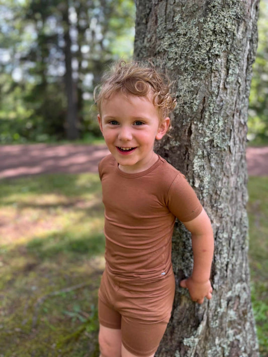 Kids Shorts+T-shirt Pj set - Acorn - Solid Brown